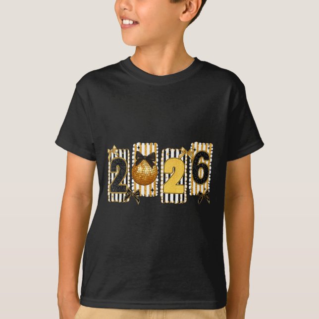 T-shirt Happy New Year 2026 Disco Ball Gold Coquette Bow F (Devant)