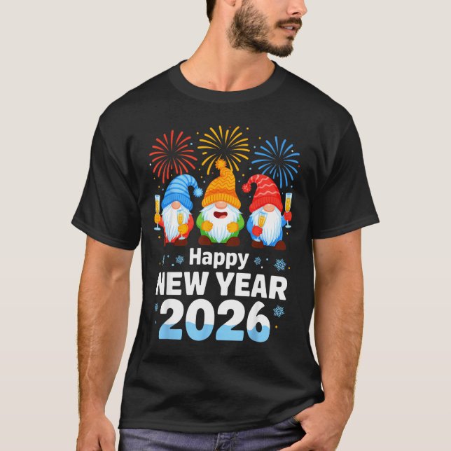 T-shirt Happy New Year 2026 Gnome With Fireworks And Champ (Devant)