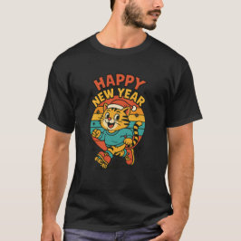 T-shirt Happy New Year Cat - Cute 80s Cartoon Skating  