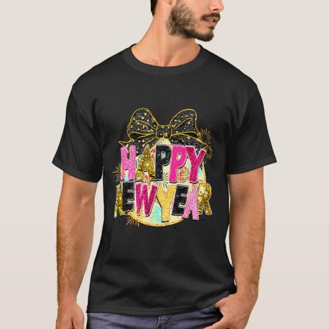 T-shirt Happy New Year Disco Ball Coquette Bow New Years E (Devant)