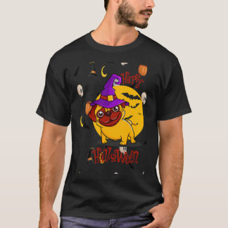 T-shirt Happy Pug Halloween Citrouilles Chauves-souris Cha
