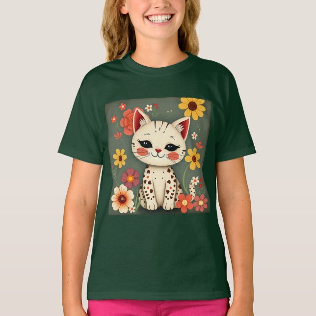 T-shirt Happy Spotted Kitty with Flowers (Devant)
