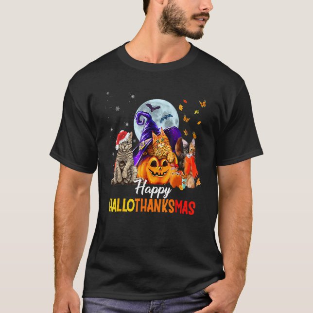 T-shirt Happy Thanksgiving Cat Happy Hallothanksmas Cute C (Devant)