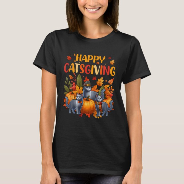 T-shirt Happy Thanksgiving Cat Three Cute Russian Blue Cat (Devant)