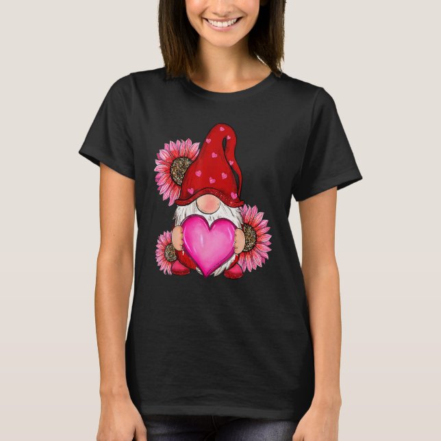 T-shirt Happy Valentine's Day Gnome with Leopard Sunflower (Devant)