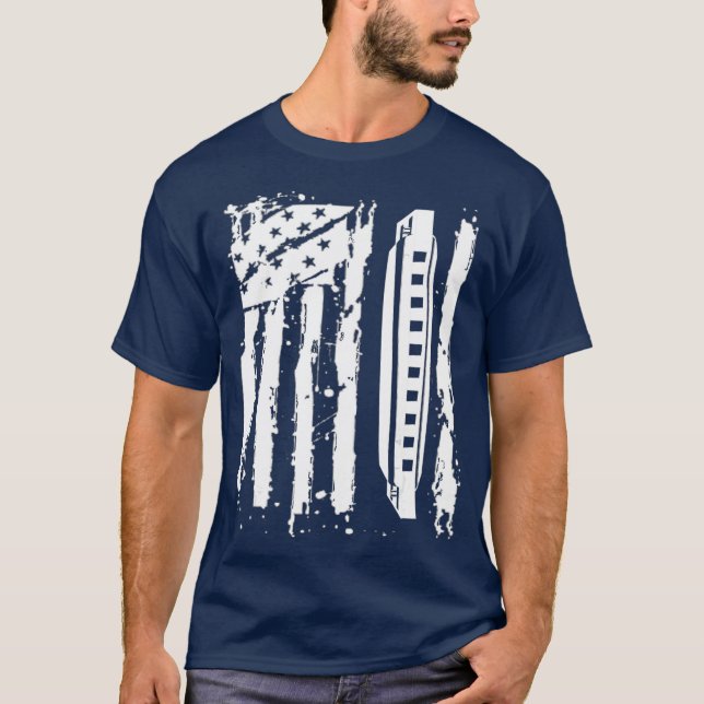 T-shirt Harmonica Joueur Bouche Orgue cadeau Américain (Devant)