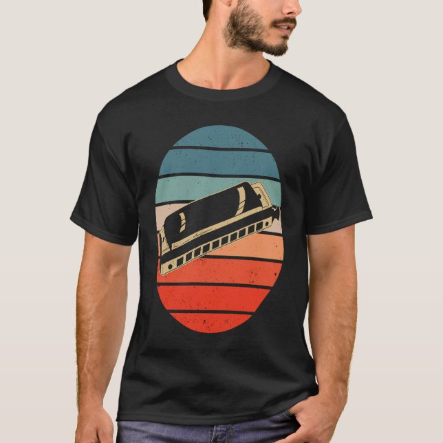 T-shirt Harmonica Player Retro Sunset Harp (Devant)