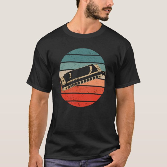 T-shirt Harmonica Player Retro Sunset Harp (Devant)