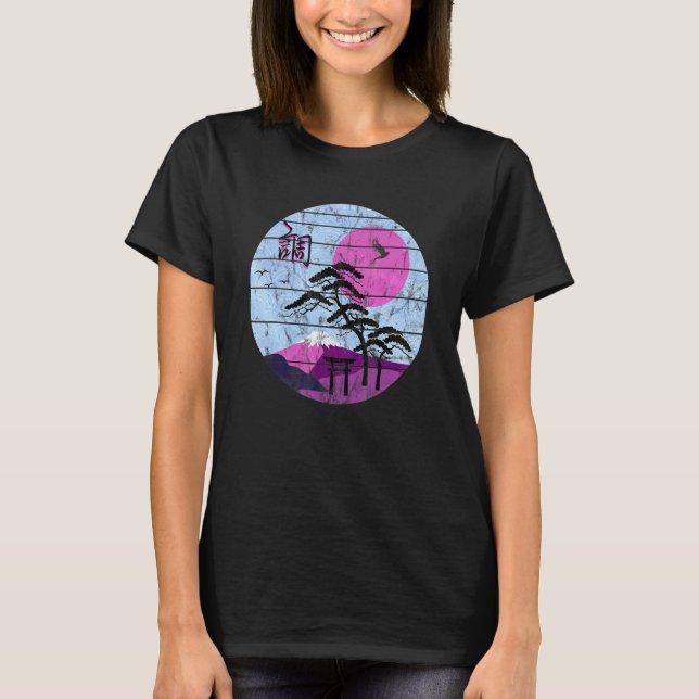 T-shirt Harmonie japonaise rétro Kanji Sunset Shinto Crane (Devant)
