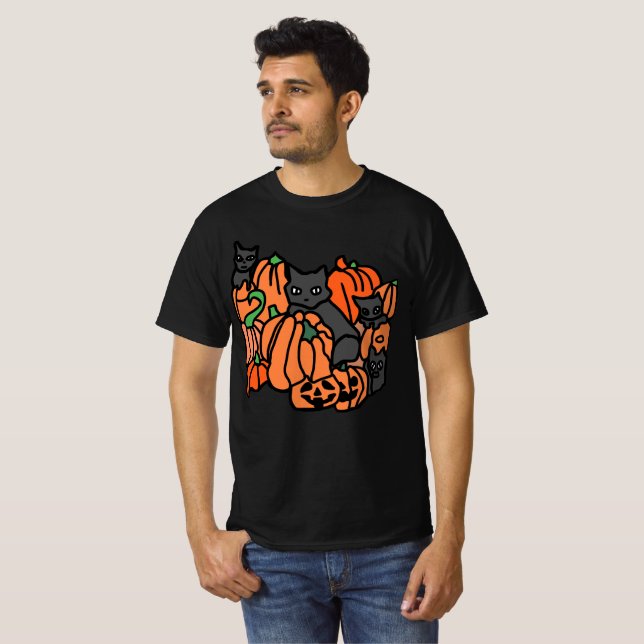 T-shirt Hauné avec soin : Chats et Citrouilles à Halloween (Devant entier)