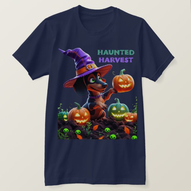 T-shirt Haunted Harvest – Witchy Dachshund Halloween Garde (Design devant)