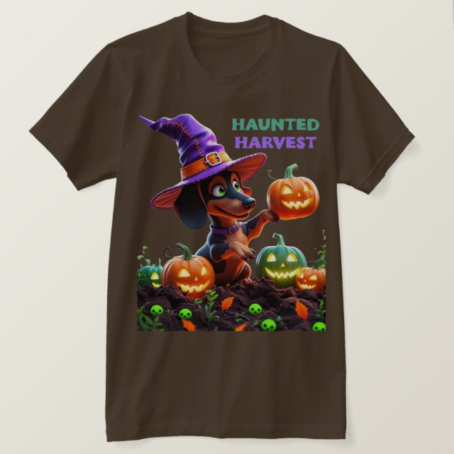 T-shirt Haunted Harvest – Witchy Dachshund Halloween Garde (Design devant)