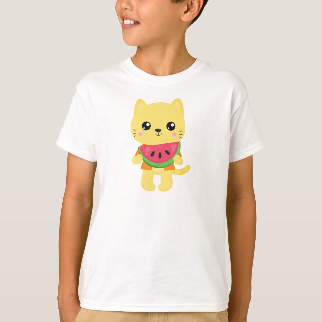 T-shirt Hawaii Chat, Cute Chat, Chat Jaune, Watermelon, Lu (Devant)