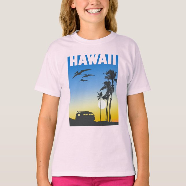 T-shirt Hawaii Sunset Surf Dinosaur filles (Devant)
