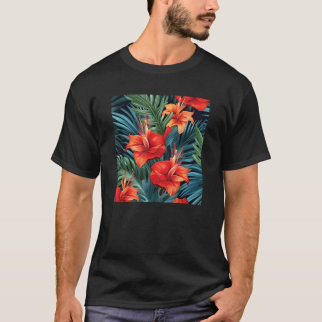 T-shirt Hawaiian Tropical Flower Leaf Pattern Beach Vacati (Devant)