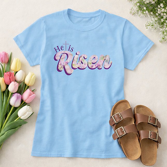 T-shirt He Is Risen Purple Floral Script Christian Easter  (He is Risen Purple Floral Script Light Blue Easter Shirt)