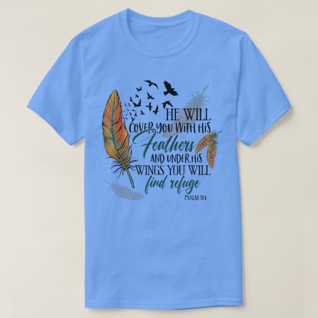 T-shirt He Will Cover You With His Feathers Retro Christia (Design devant)