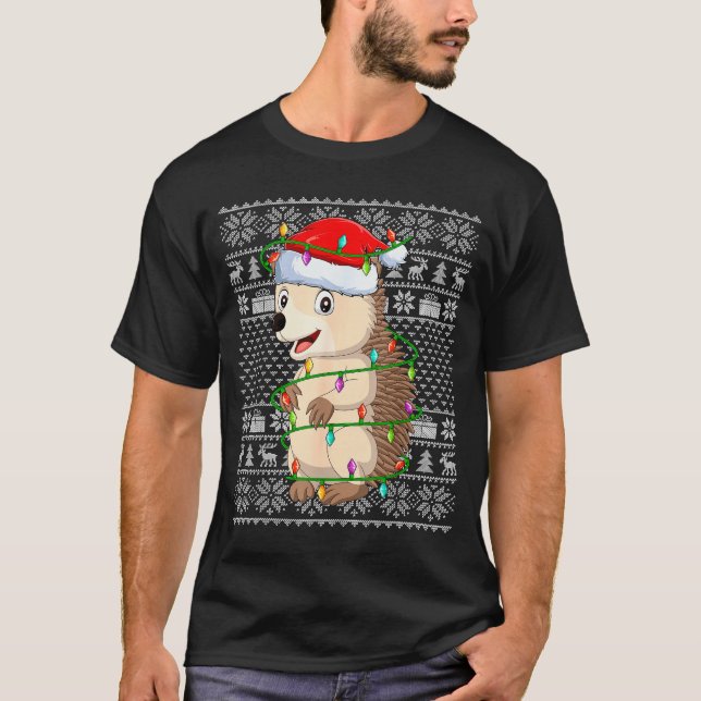 T-shirt Hedgehog Christmas Lights Ugly Sweater Funny Santa (Devant)