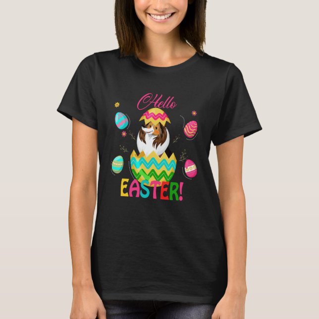T-shirt Hello Easter Shetland Sheepdog Inside Chocolate Eg (Devant)