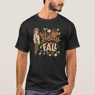 T-shirt Hello Fall Pumkin Autumn Girl Thanksgiving