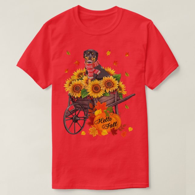 T-shirt Hello Fall Rottweiler Chien dans Sunflower Aut Feu (Design devant)
