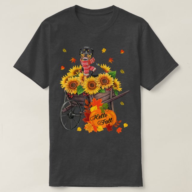T-shirt Hello Fall Rottweiler Chien dans Sunflower Aut Feu (Design devant)