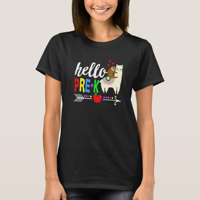 T-shirt Hello Pre K Sloth Riding Llama Back To School (Devant)
