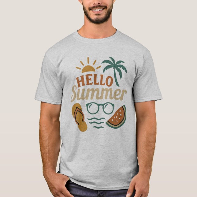 T-shirt Hello Summer Retro Beach Shirt | Palm Tree & Water (Devant)