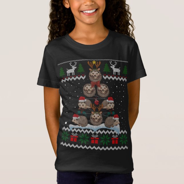 T-Shirt Hérisson Hérisson Arbre de Noël Lumières Funny Hér (Devant)