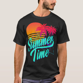 T-shirt Heure d'été Retro 80s Plage Scène avec Palm Trees