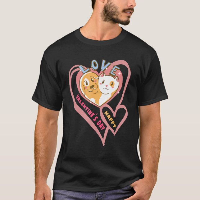 T-shirt Heureuse Sainte-Valentin Avec Chien Et Chat Love C (Devant)