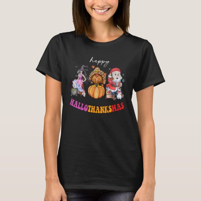 T-shirt heureux Hallothanksmas sorcière dinde père Noël Th (Devant)