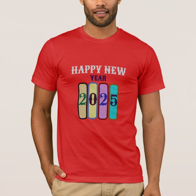 T-shirt heureux nouvel an 2025 hommes manches courtes roug (Devant)