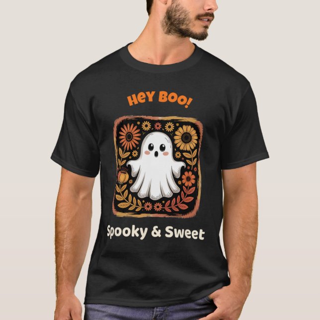 T-shirt Hey Boo Ghost Retro Halloween Éffrayant Mat Octobr (Devant)