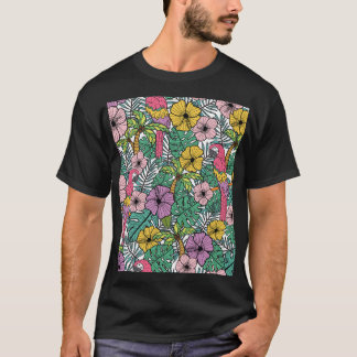 T-shirt Hibiscus tropical, palmier, perroquets motif.