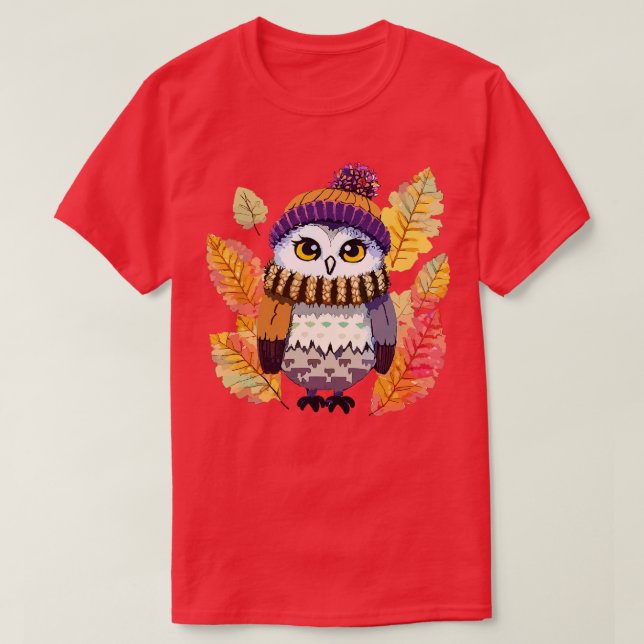T-shirt hibou d'automne dans une beanie tricotée casquette (Design devant)