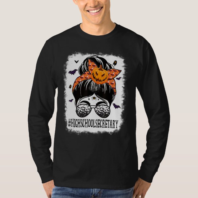 T-shirt High School Secretary Messy Bun Spooky Bat Orange  (Devant)