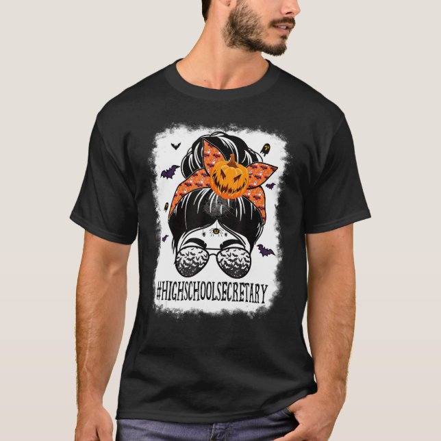 T-shirt High School Secretary Messy Bun Spooky Bat Orange  (Devant)