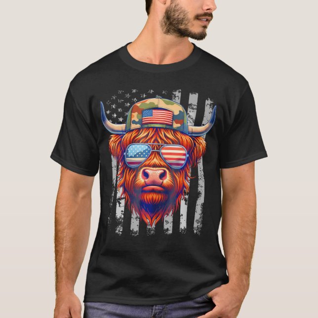 T-shirt Highland Cow 4Juillet Usa Drapeau Papa Papa Amériq (Devant)