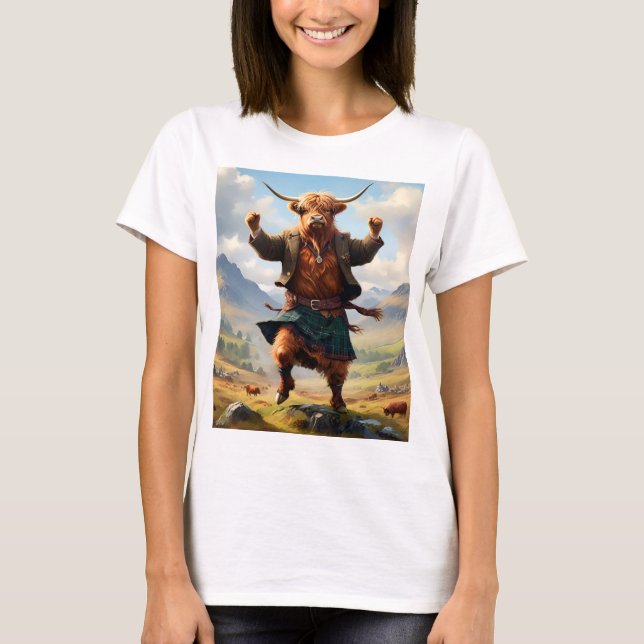 T-shirt Highland Cow Dansant Le Highland Fling, (Devant)