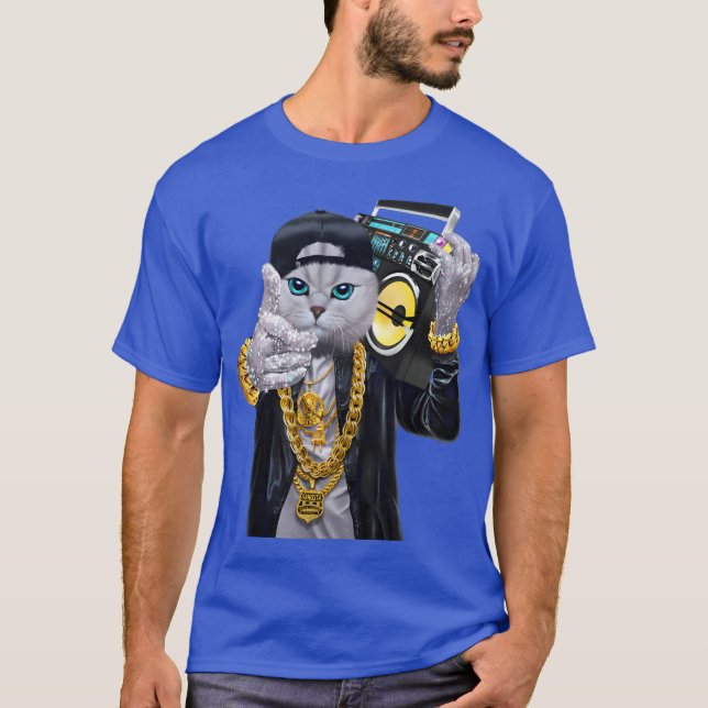 T-shirt Hip Hop Rapper Cat in Baseball Cap Carrying Music  (Devant)