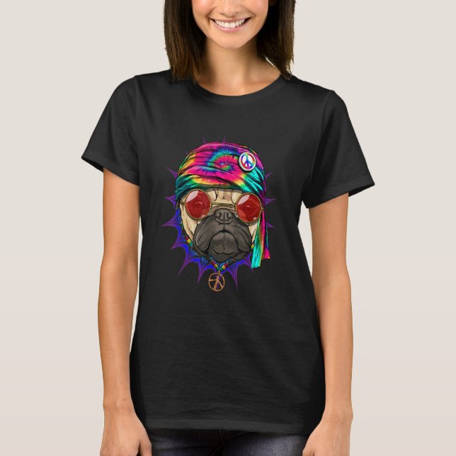 T-shirt Hippie Pug Tie Dye Peace Sign Psychedelic Pug Dog (Devant)