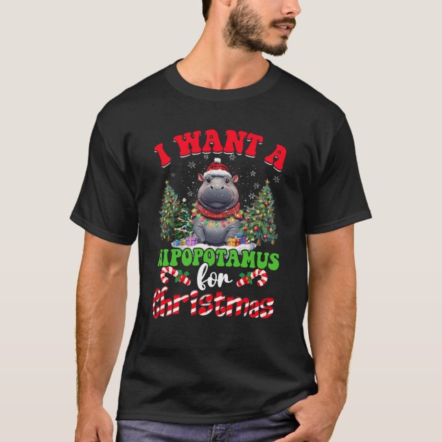 T-shirt Hippo Xmas Lumières D'Arbre Je Veux Un Hippopotame (Devant)