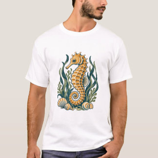 T-shirt Hippocampe doré avec herbes marines et coquillages