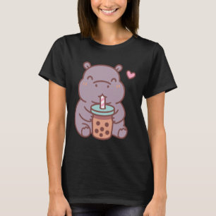 T-shirt Hippopotame Mignon Buvant du Thé à Bulles Boba