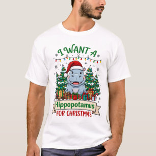 T-shirt Hippopotame Noël Hippo Chapeau de Père Noël Arbres