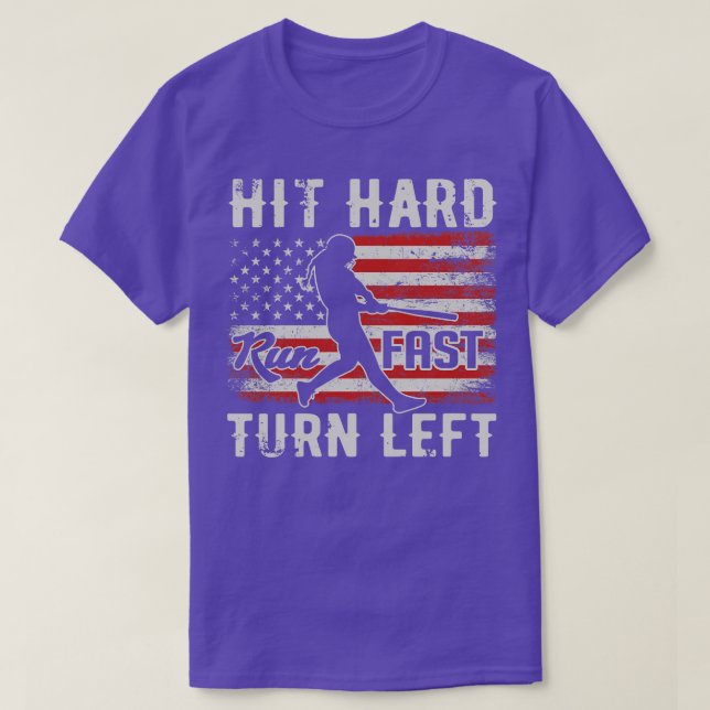 T-shirt Hit Hard Run Fast Turn Left USA Flag Softball Play (Design devant)
