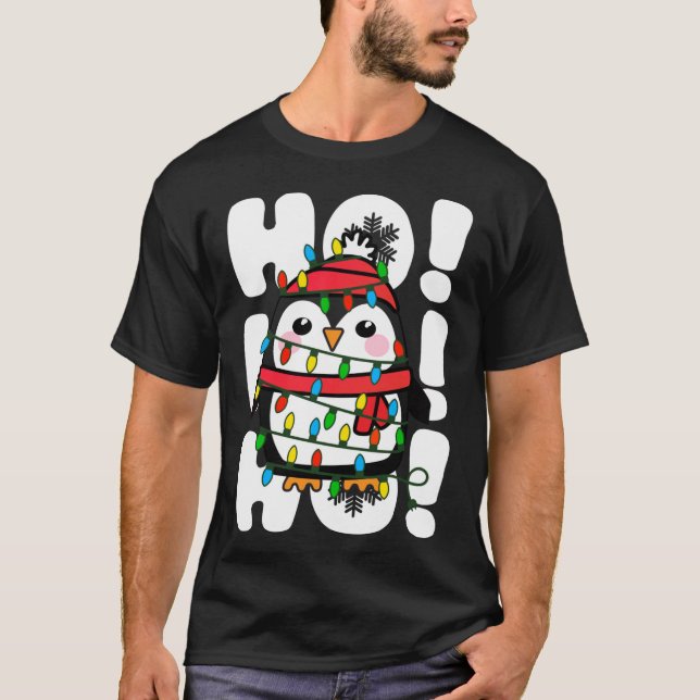 T-shirt Ho Ho Ho Les lumières de Noël mignonne Penguin (Devant)