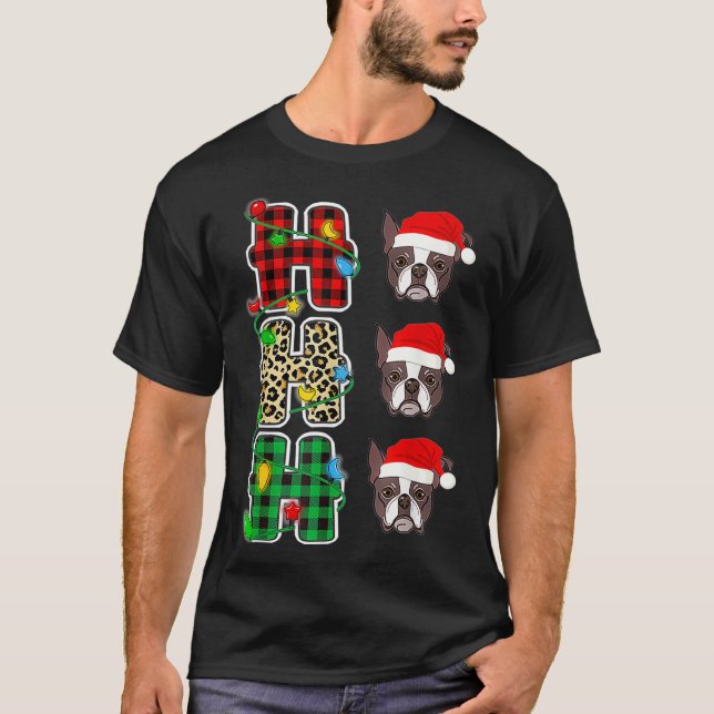 T-shirt HO-HO-HO Santa Hat Boston Terrier Leopard Christma (Devant)