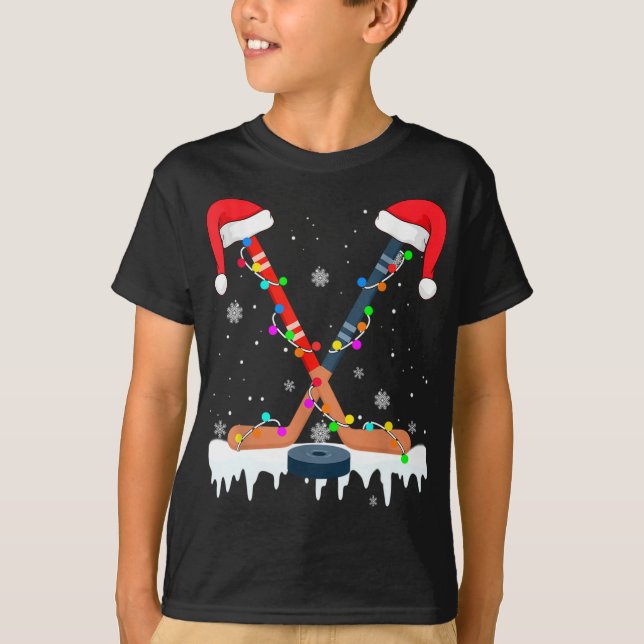 T-shirt Hockey Santa Hat lumières Noël Sport amusant Noël (Devant)